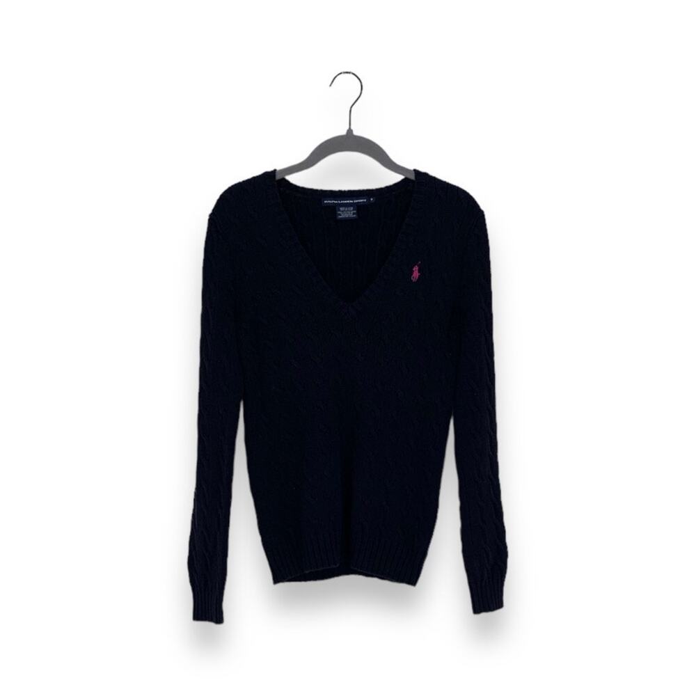 Ralph Lauren Sport Black V Neck Cable Knit Long Sleeve Sweater
